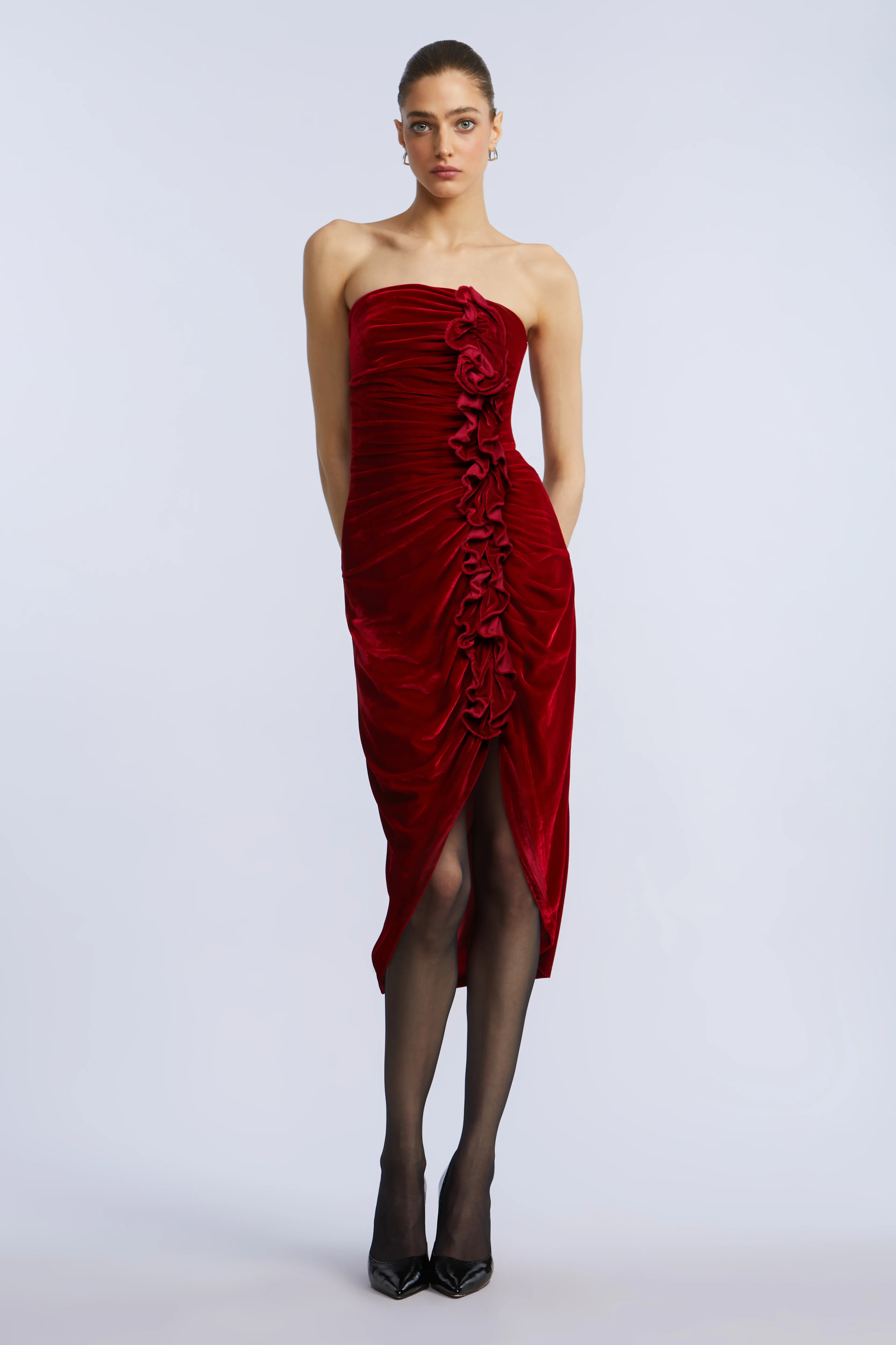 Strapless Velvet Ruffle Dress - Builderot
